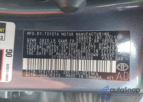 2017 Toyota Corolla Le from USA, damaged, VIN 2T1BURHE0HC868096